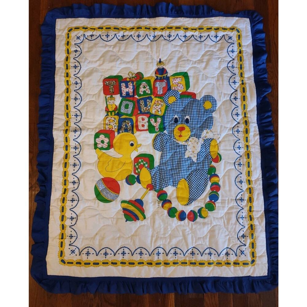 Vintage Teddy Beddy Bear Quilted Baby Comforter Crib Blanket Hearts Nursery Deco